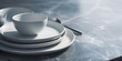 Elegant White Porcelain Dinnerware and Cutlery Set on Marble Texture Background