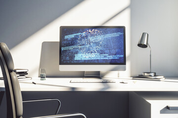 Poster - Modern computer monitor with creative code skull hologram. Malware and cyber crime concept. 3D Rendering