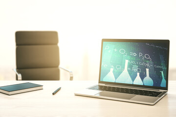Poster - Creative chemistry illustration on modern computer monitor, science and research concept. 3D Rendering
