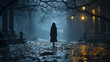 The back of a woman walking in a golden street with fallen leaves and streetlights
