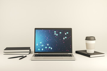 Poster - Creative abstract medical sketch on modern laptop monitor, Medicine and healthcare concept. 3D Rendering