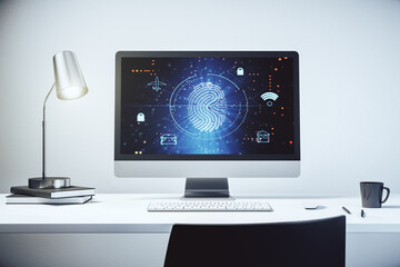 Aufkleber - Modern computer monitor with abstract creative fingerprint hologram, research and development concept. 3D Rendering