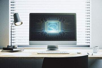 Poster - Creative artificial Intelligence concept with human brain sketch on modern laptop monitor. 3D Rendering