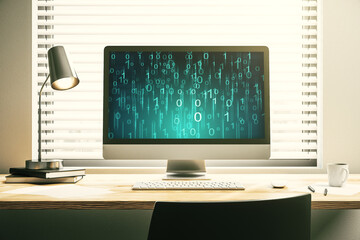 Aufkleber - Creative abstract binary code hologram on modern computer monitor, AI and machine learning concept. 3D Rendering