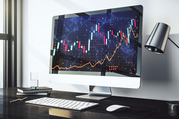 Poster - Abstract creative financial graph with world map on modern laptop monitor, forex and investment concept. 3D Rendering