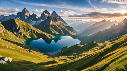 Wall Mural - Beautiful alpine landscape with lake and mountains at sunset