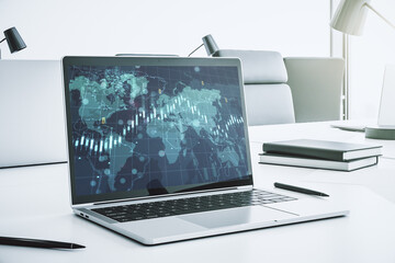 Aufkleber - Modern computer monitor with abstract creative financial chart with world map, research and strategy concept. 3D Rendering