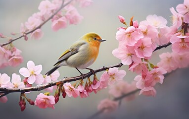 Naklejka na meble Spring floral poster, botanical banner. The bird standing on cherry blossom branch. Blooming trees, asian style photo. AI Generative.