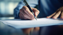 Close-up Of A Person's Hand Holding A Pen And Signing A Document, Suggesting A Business Or Legal Agreement.