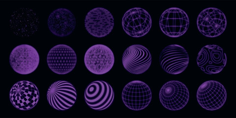 Poster - Abstract lines. 3D figure grid. Dot globe shapes. Explosion space sphere. Round molecular particle. Neon purple. Concentric circles. Network connection. Geometric icon. Vector elements set