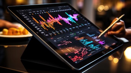Aufkleber - Close-up shot of a pen drawing ascending stock trend lines on a touchscreen tablet with precision. Generative AI.