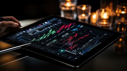 Aufkleber - Close-up shot of a pen drawing ascending stock trend lines on a touchscreen tablet with precision. Generative AI.