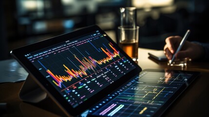 Aufkleber - Close-up shot of a pen drawing ascending stock trend lines on a touchscreen tablet with precision. Generative AI.