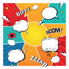 Aufkleber - Comic book. Cartoon bubble elements, speech arrow, template of page with balloon, retro art cloud. Boom effects with copy space. Funny frame with conversation expression vector sketch pattern