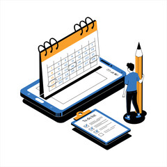 Poster - Time management. People organize productive workflow and effective schedule. Month calendar. Man planning multitasking work. Completed tasks. Deadline and priority goals. Vector concept