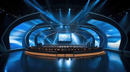 Poster - Modern Annual Meeting Stage Design, Rectangular LED Screen, Central elongated LED screen. Generative AI.