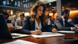 © visoot - Multi racial diverse group of people working with Paperwork on a board room table at a business presentation or seminar. Generative AI.