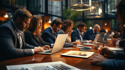 Aufkleber - Multi racial diverse group of people working with Paperwork on a board room table at a business presentation or seminar. Generative AI.