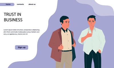 Poster - Trust in business landing page. Successful partnership. Confident people. Company insurance. Businessman motivation. Corporate confidence. Website design template. Vector background