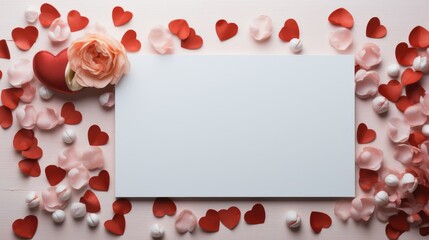 Poster - Flat lay Valentine Day Background Mockup with empty space in middle for product. Generative AI.