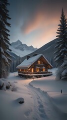 Wall Mural - A winter evening in a mountain valley with a small log home covered in snow. AI generated.