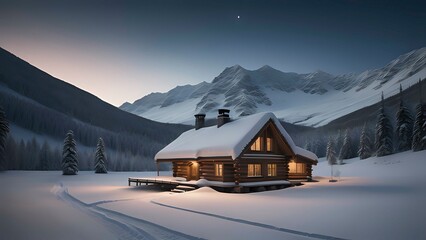Wall Mural - A winter evening in a mountain valley with a small log home covered in snow. AI generated.
