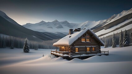 Wall Mural - A winter evening in a mountain valley with a small log home covered in snow. AI generated.