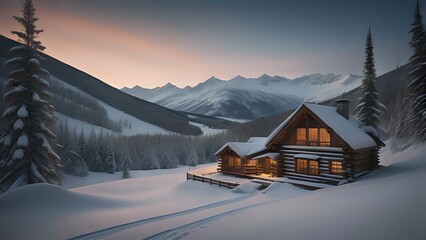Wall Mural - A winter evening in a mountain valley with a small log home covered in snow. AI generated.