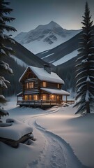 Wall Mural - A winter evening in a mountain valley with a small log home covered in snow. AI generated.