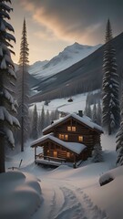 Wall Mural - A winter evening in a mountain valley with a small log home covered in snow. AI generated.