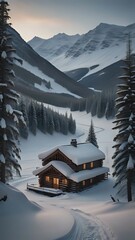 Wall Mural - A winter evening in a mountain valley with a small log home covered in snow. AI generated.