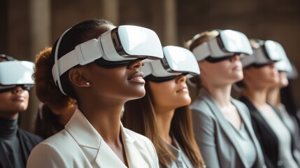 Poster - A diverse group of adult professionals engaging in collaborative interactive learning using VR headsets. Generative AI.