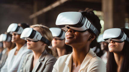 Poster - A diverse group of adult professionals engaging in collaborative interactive learning using VR headsets. Generative AI.