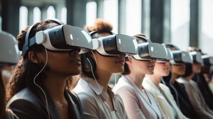 Poster - A diverse group of adult professionals engaging in collaborative interactive learning using VR headsets. Generative AI.