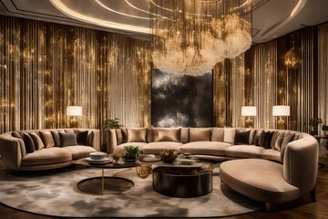 Wall Mural -  A luxurious interior setting showcasing sophisticated sofas amidst an elegant decor, perfectly illuminated to emphasize their plush textures and exquisite design details