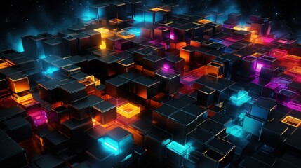 Wall Mural - cyberspace, technology, datum, digital, communication, design, network, computer, future, futuristic. image of digital, wall with many pieces of blue and yellow light. 3D rendering illustration via AI