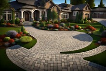  A Beautiful Front Yard With Round Shaped Driveway, Paver Area, And Landscaping