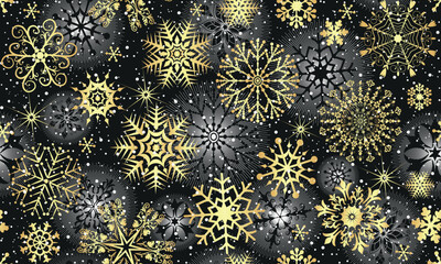 Vector seamless hand drawn dark winter pattern with vintage shine golden snowflakes and stars in retro style