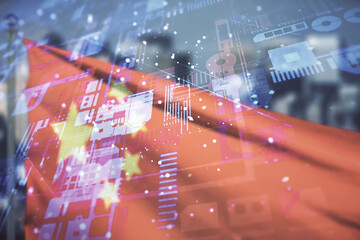 Poster - Double exposure of abstract programming language interface on flag of China and blurry skyscrapers background, research and development concept