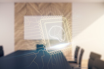 Wall Mural - Double exposure of creative artificial Intelligence interface on a modern meeting room background. Neural networks and machine learning concept