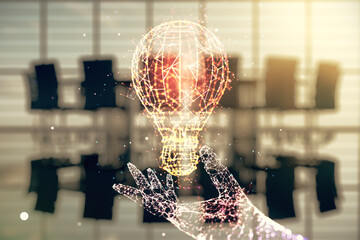 Poster - Double exposure of creative light bulb hologram on a modern meeting room background, research and development concept