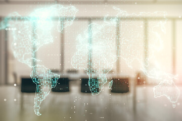 Poster - Multi exposure of abstract graphic world map hologram on a modern furnished office interior background, connection and communication concept