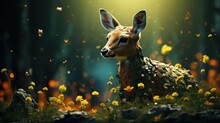 Little Deer With Yellow Flowers In The Forest.