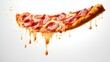 © Dilawar Meharban - A pepperoni pizza slice in flight, captured from a side angle. The pepperonis appear slightly curled from the heat, casting subtle shadows on the cheese