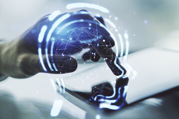 Poster - Creative artificial Intelligence concept with human head hologram and finger clicks on a digital tablet on background. Multiexposure