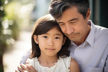 A loving Asian family enjoying a cheerful day outdoors, expressing happiness, and sharing affectionate moments in a beautiful park.