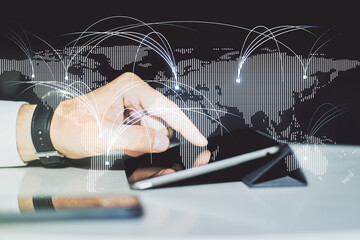 Poster - Double exposure of abstract digital world map with connections and finger clicks on a digital tablet on background, research and strategy concept