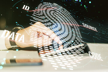 Aufkleber - Multi exposure of abstract fingerprint scan interface and hand working with a digital tablet on background, digital access concept