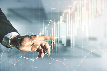 Aufkleber - Multi exposure of trader hand clicks on virtual abstract financial graph interface on blurred office background, financial and trading concept