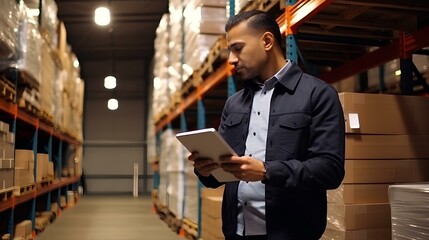 Latin Mexican man who works in the organization of a warehouse and uses a safety vest